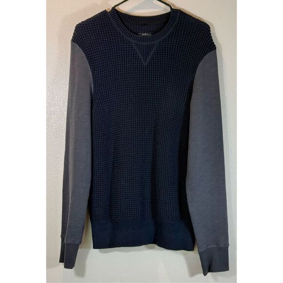 AllSaints Mather Crewneck Deep Blue 100% Leather Elbow Patch Sweater Men's M - Picture 1 of 9